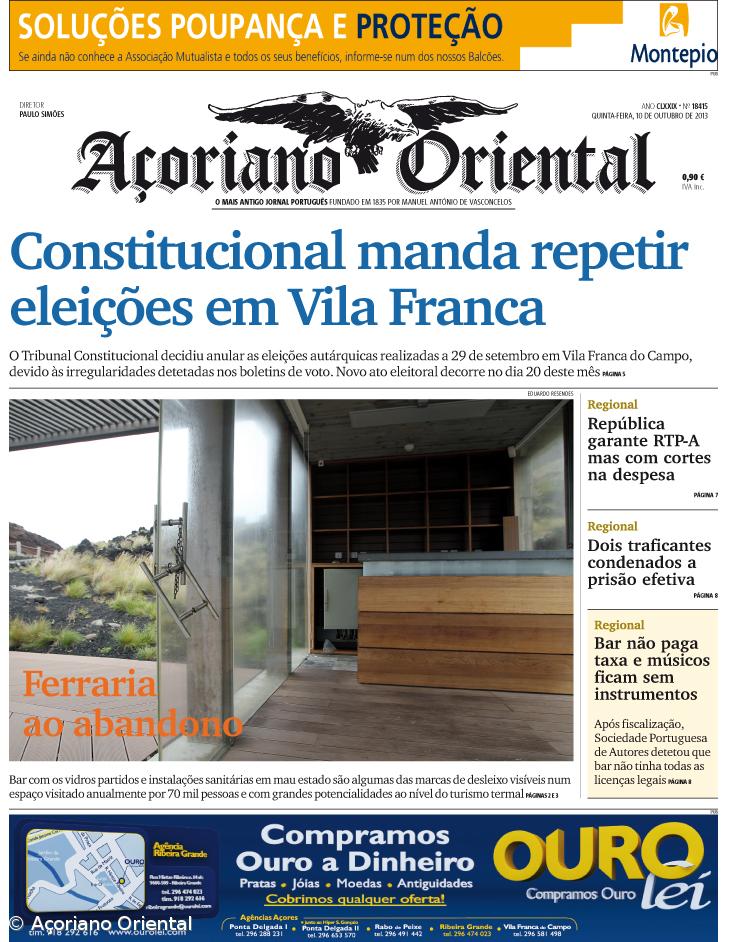 "Constitucional manda repetir eleições em Vila Franca" é a manchete do Açoriano Oriental – Imagem 1