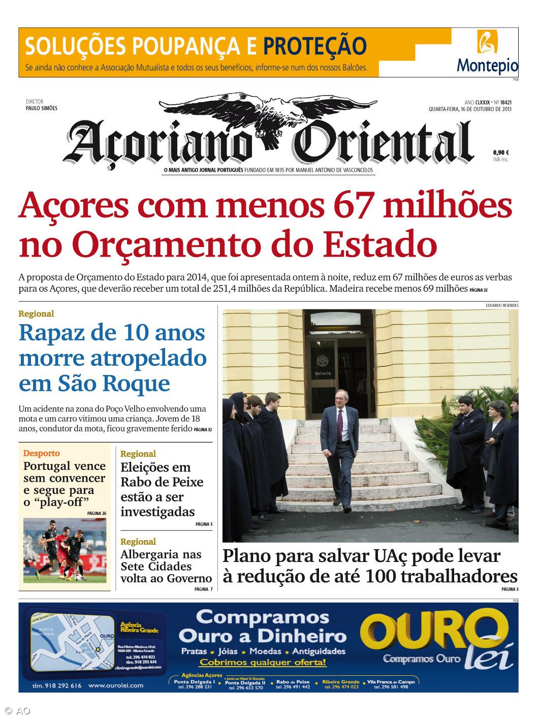 "Açores com menos 67 milhões no Orçamento do Estado" é a manchete do Açoriano Oriental – Imagem 1
