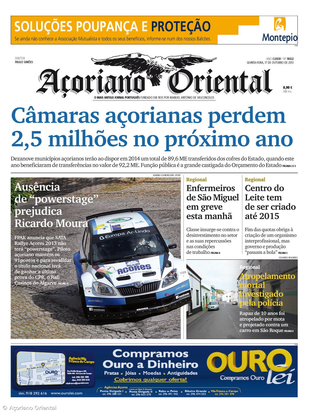 "Câmaras açorianas perdem 2,5 milhões no próximo ano" é a manchete do Açoriano Oriental – Imagem 1