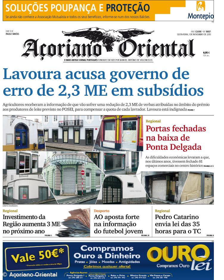 "Lavoura acusa governo de erro de 2,3 ME em subsídios" é a manchete do Açoriano Oriental – Imagem 1