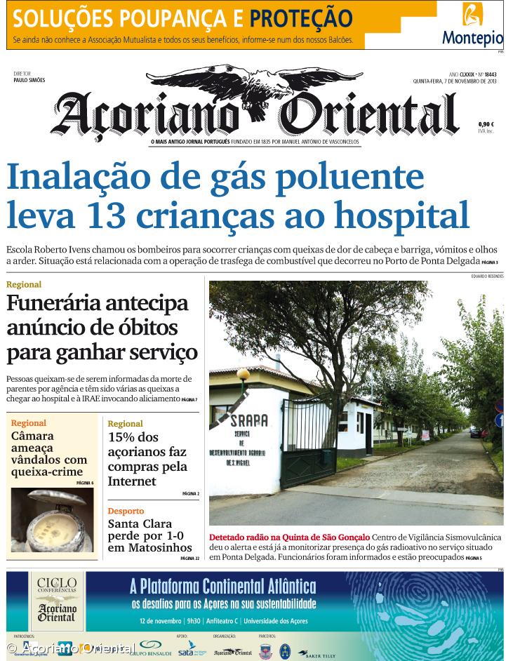 "Inalação de gás poluente leva 13 crianças ao hospital" é a manchete do Açoriano Oriental – Imagem 1