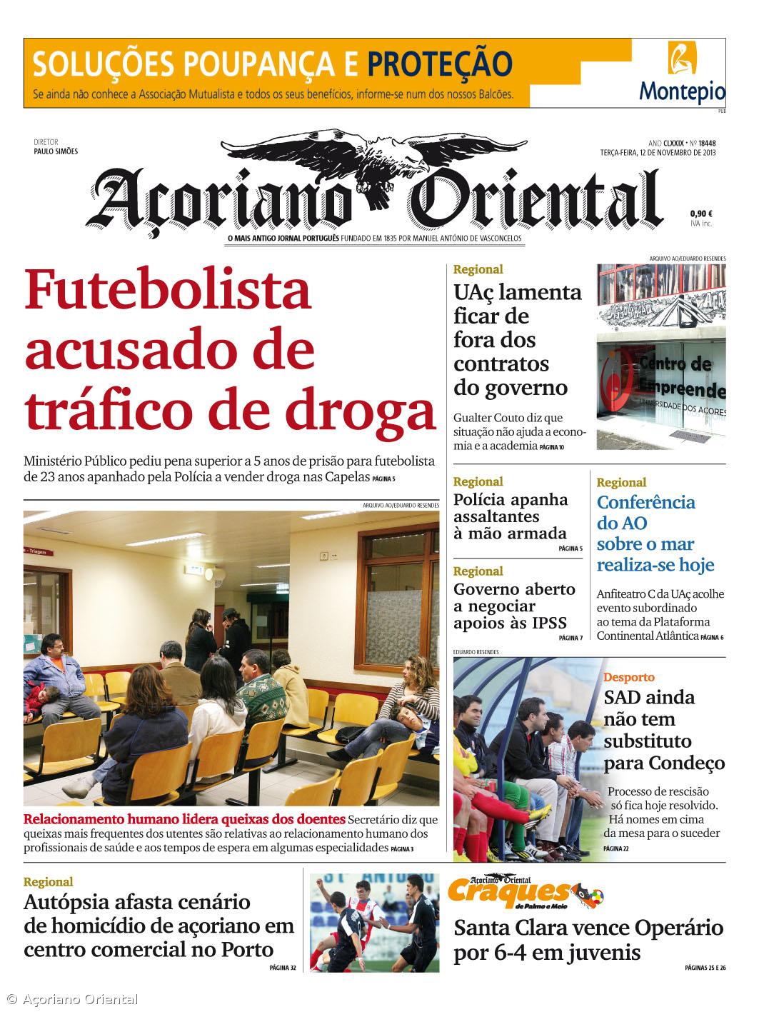 "Futebolista acusado de tráfico de droga" é a manchete do Açoriano Oriental – Imagem 1