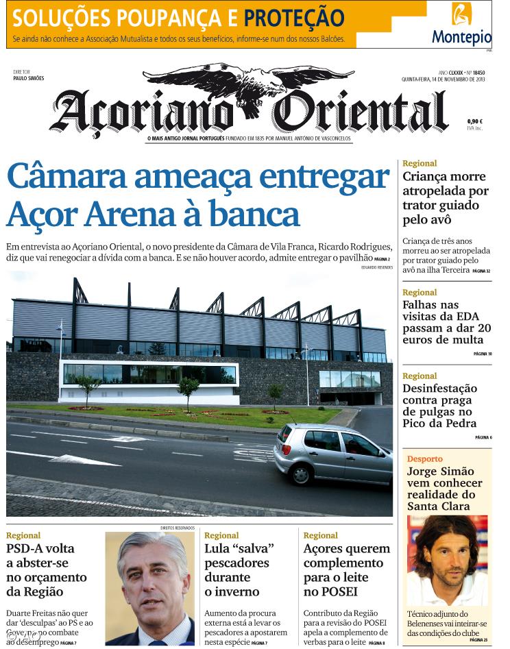 "Câmara ameaça entregar Açor Arena à banca" é a manchete do Açoriano Oriental – Imagem 1