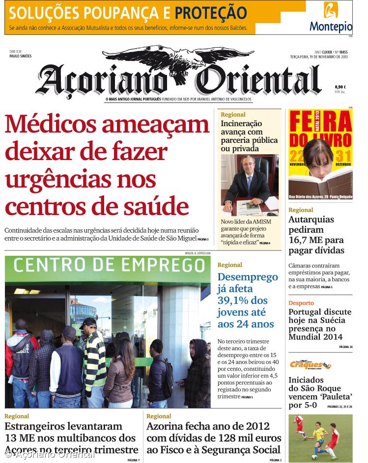 "Médicos ameaçam deixar de fazer urgências nos centros de saúde" é a manchete do Açoriano Oriental – Imagem 1