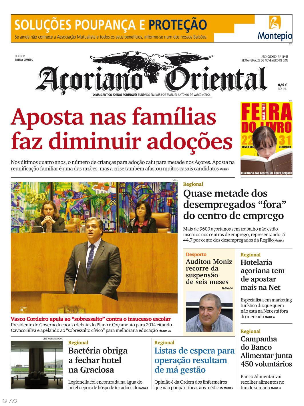 "Aposta nas famílias faz diminuir adoções" é a manchete do Açoriano Oriental – Imagem 1
