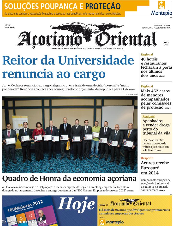 "Reitor da Universidade renuncia ao cargo" é a manchete do Açoriano Oriental – Imagem 1