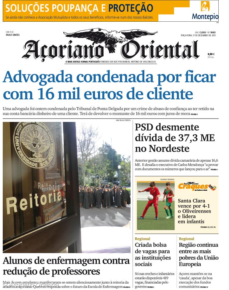 "Advogada condenada por ficar com 16 mil euros de cliente" é a manchete do Açoriano Oriental – Imagem 1