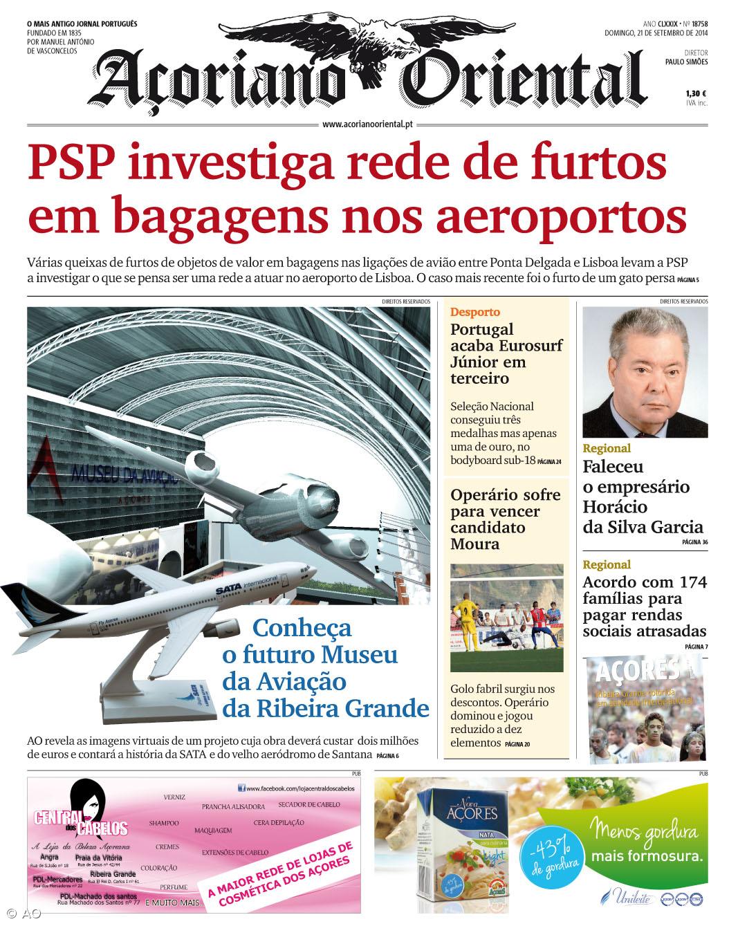 "PSP investiga rede de furtos em bagagens nos aeroportos" é a manchete do Açoriano Oriental – Imagem 1