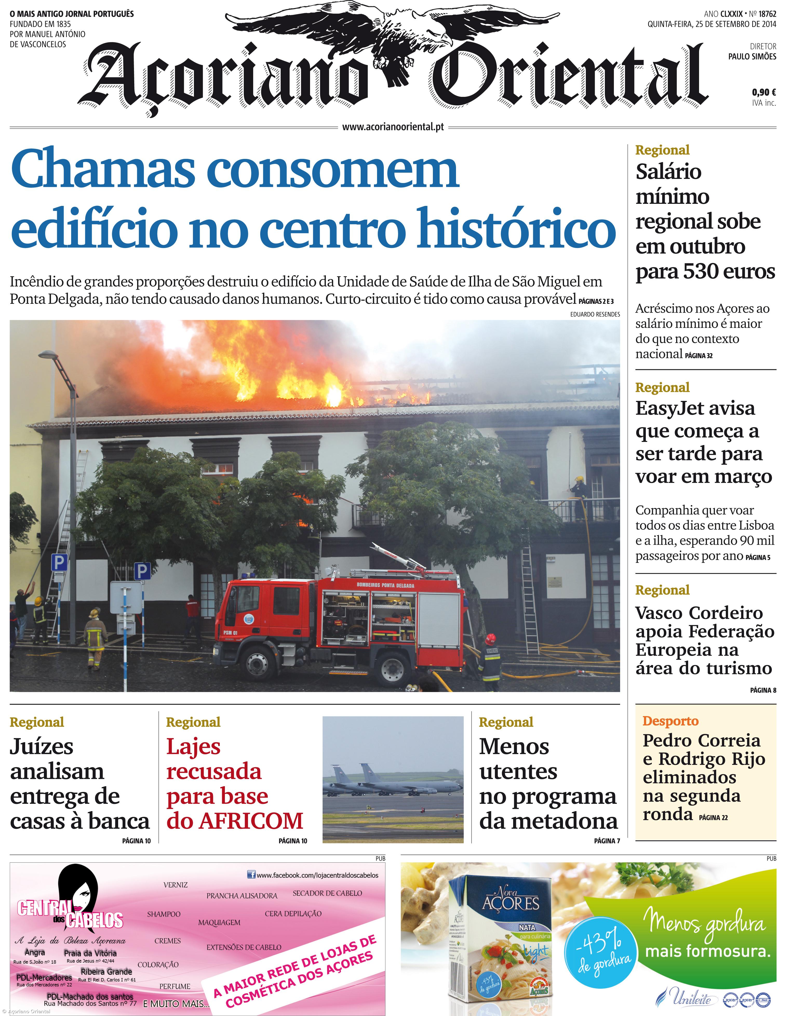 "Chamas consomem edifício no centro histórico" é a manchete do Açoriano Oriental – Imagem 1
