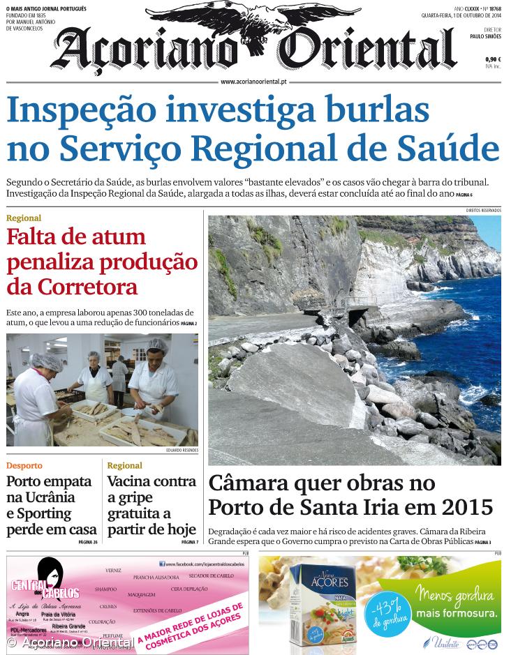 "Inspeção investiga burlas no Serviço Regional de Saúde" é a manchete do Açoriano Oriental – Imagem 1