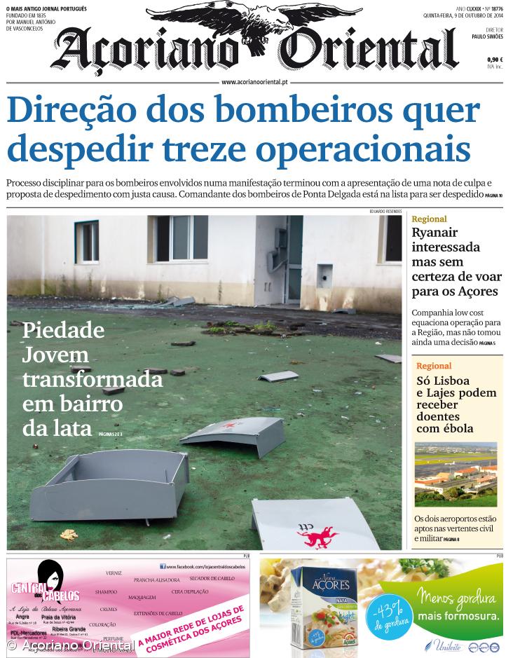 "Direção dos bombeiros quer despedir treze operacionais" é a manchete do Açoriano Oriental – Imagem 1