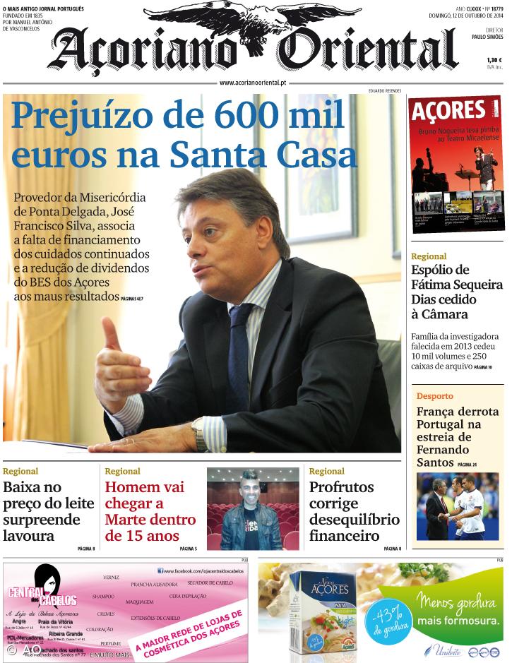 "Prejuízo de 600 mil euros na Santa Casa" é a manchete do Açoriano Oriental – Imagem 1