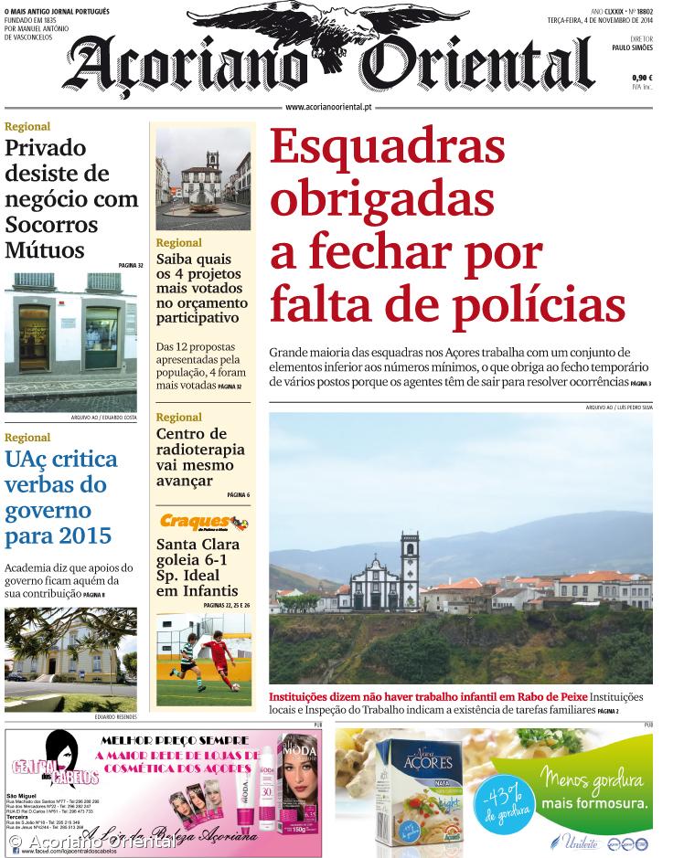 "Esquadras obrigadas a fechar por falta de polícias" é a manchete do Açoriano Oriental – Imagem 1
