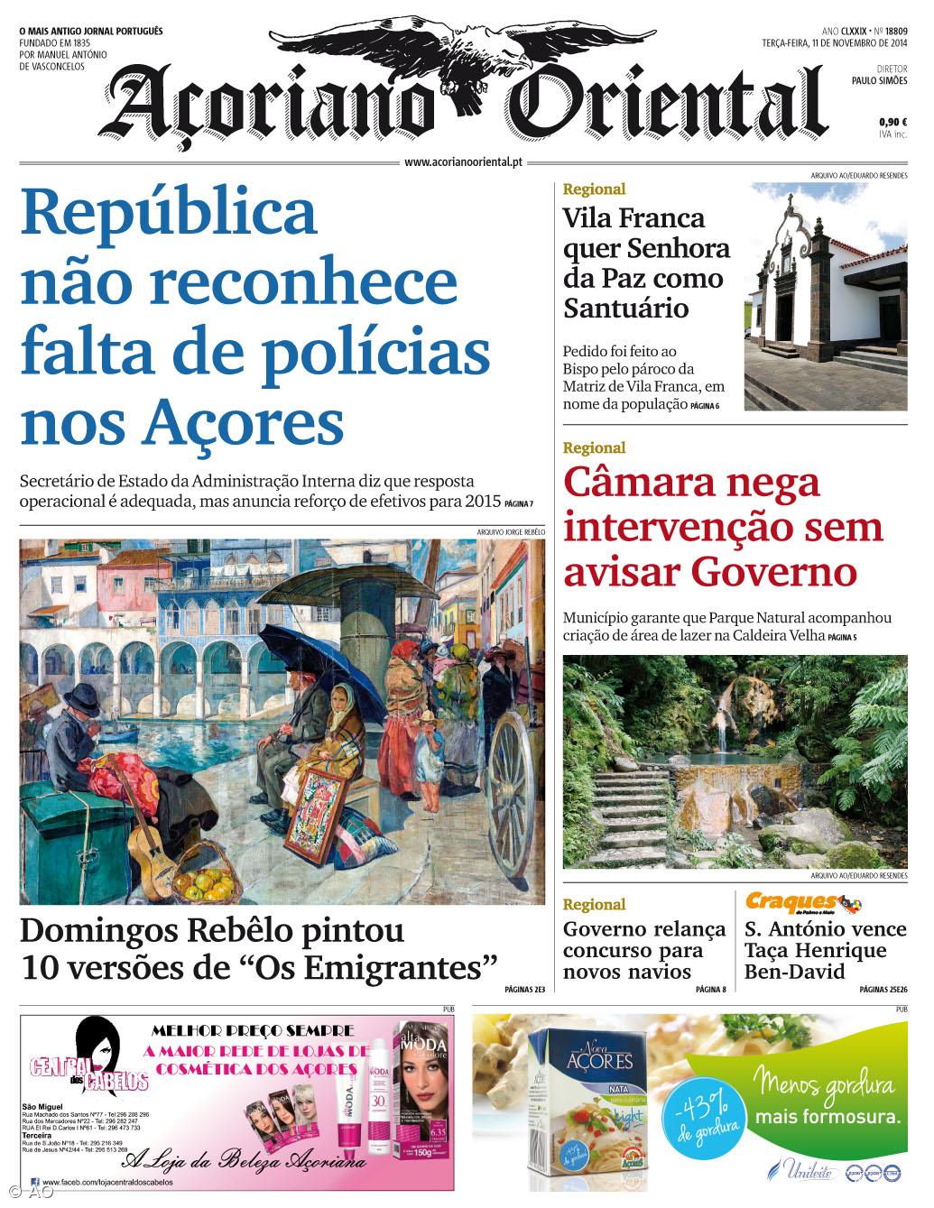 "República não reconhece falta de polícias nos Açores" é a manchete do Açoriano Oriental – Imagem 1