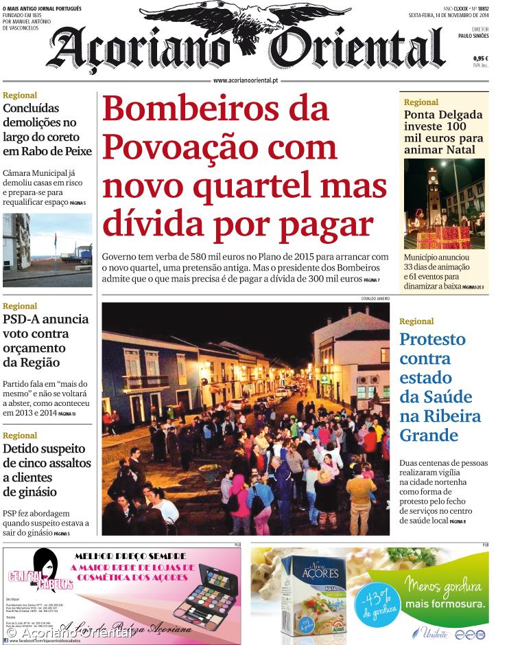 "Bombeiros da Povoação com novo quartel mas dívida por pagar" é a manchete do Açoriano Oriental – Imagem 1