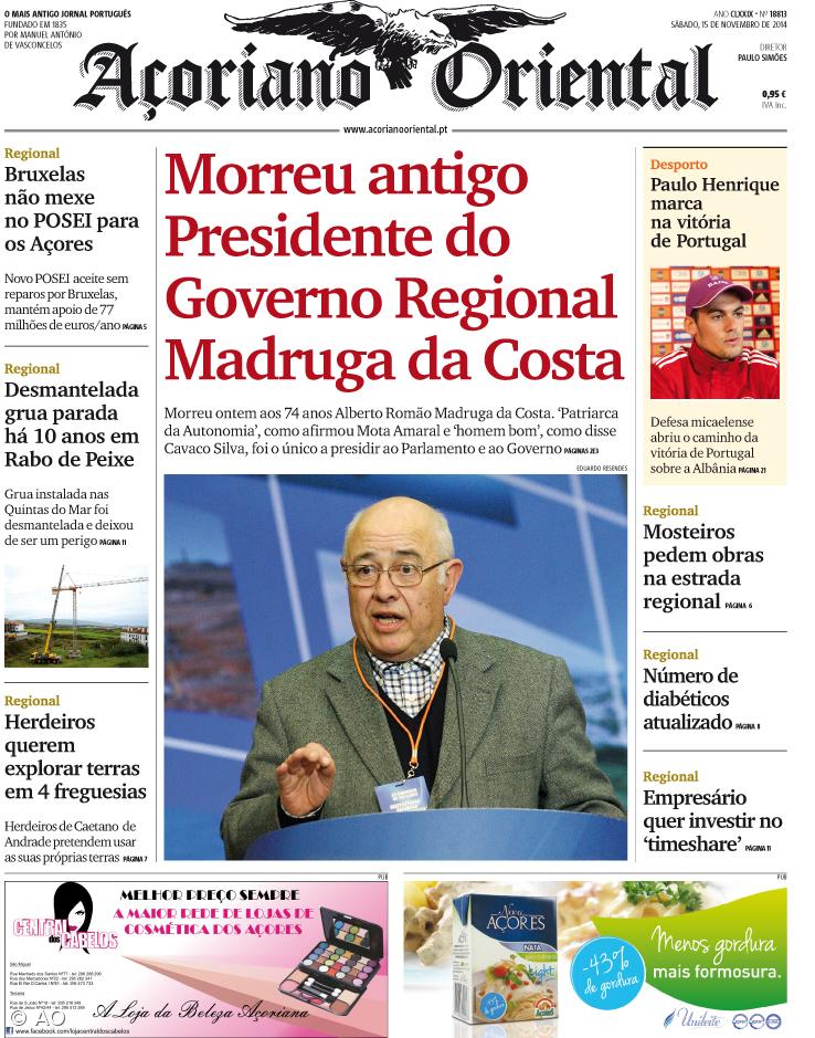 "Morreu antigo Presidente do Governo Regional Madruga da Costa" é a manchete do Açoriano Oriental – Imagem 1