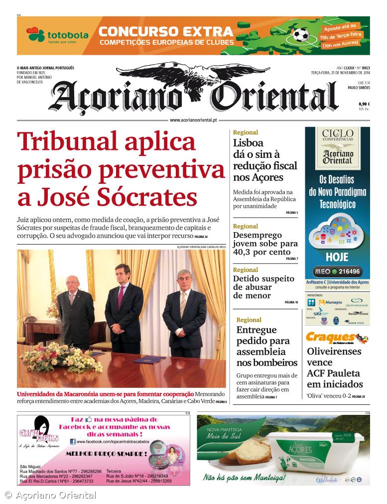 "Tribunal aplica prisão preventiva a José Sócrates" é a manchete do Açoriano Oriental – Imagem 1