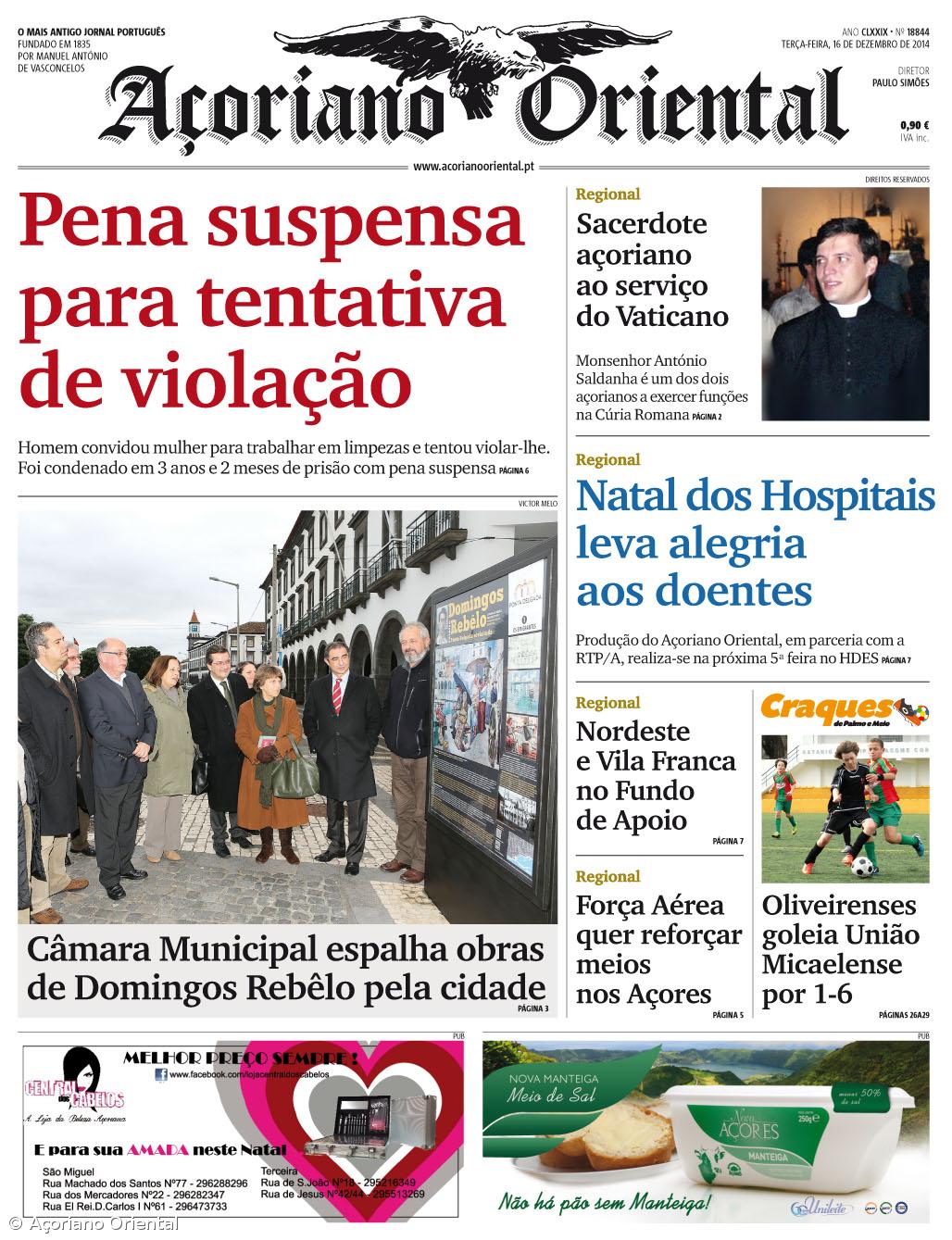 "Pena suspensa para tentativa de violação" é a manchete do Açoriano Oriental – Imagem 1