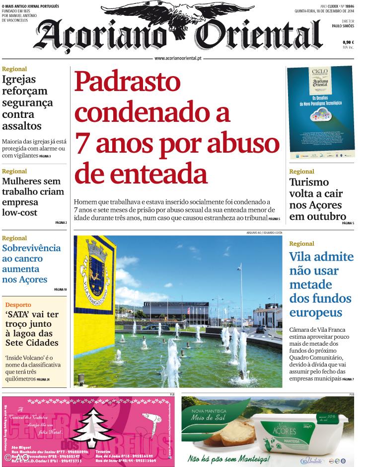 "Padrasto condenado a 7 anos por abuso de enteada" é a manchete do Açoriano Oriental – Imagem 1