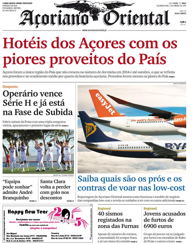 "Hotéis dos Açores com os piores proveitos do País" é a manchete do Açoriano Oriental – Imagem 1