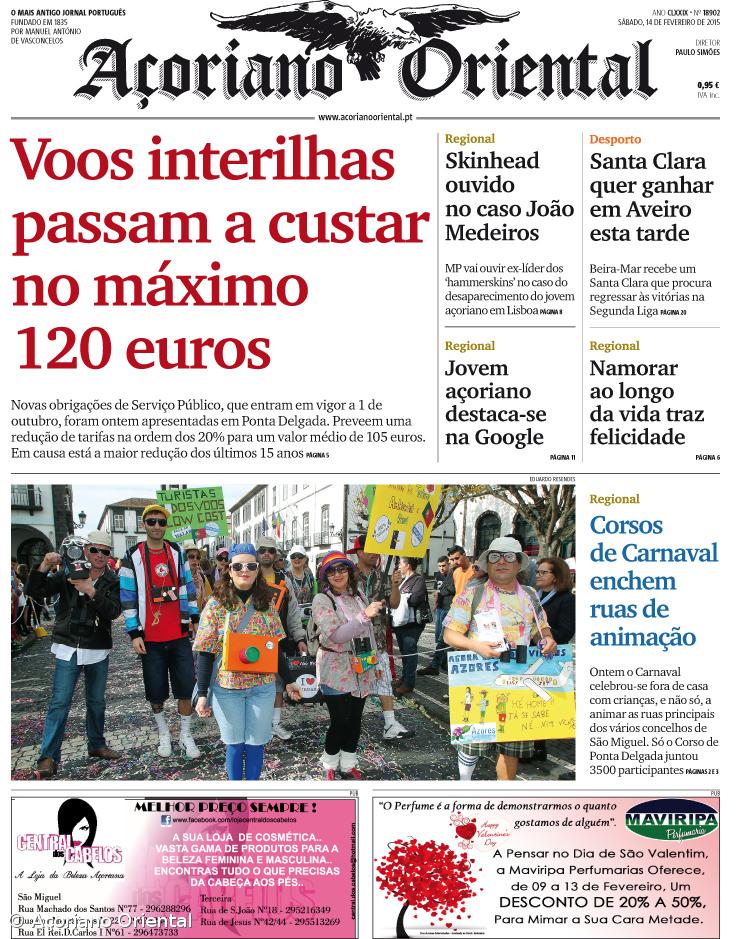 "Voos interilhas passam a custar no máximo 120 euros" é a manchete do Açoriano Oriental – Imagem 1