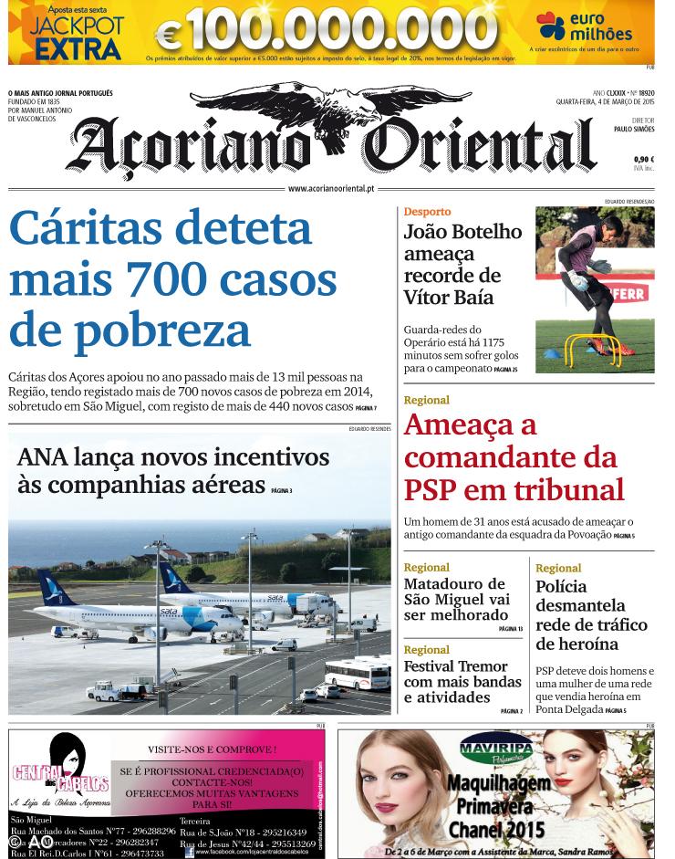 "Cáritas deteta mais 700 casos de pobreza" é a manchete do Açoriano Oriental – Imagem 1