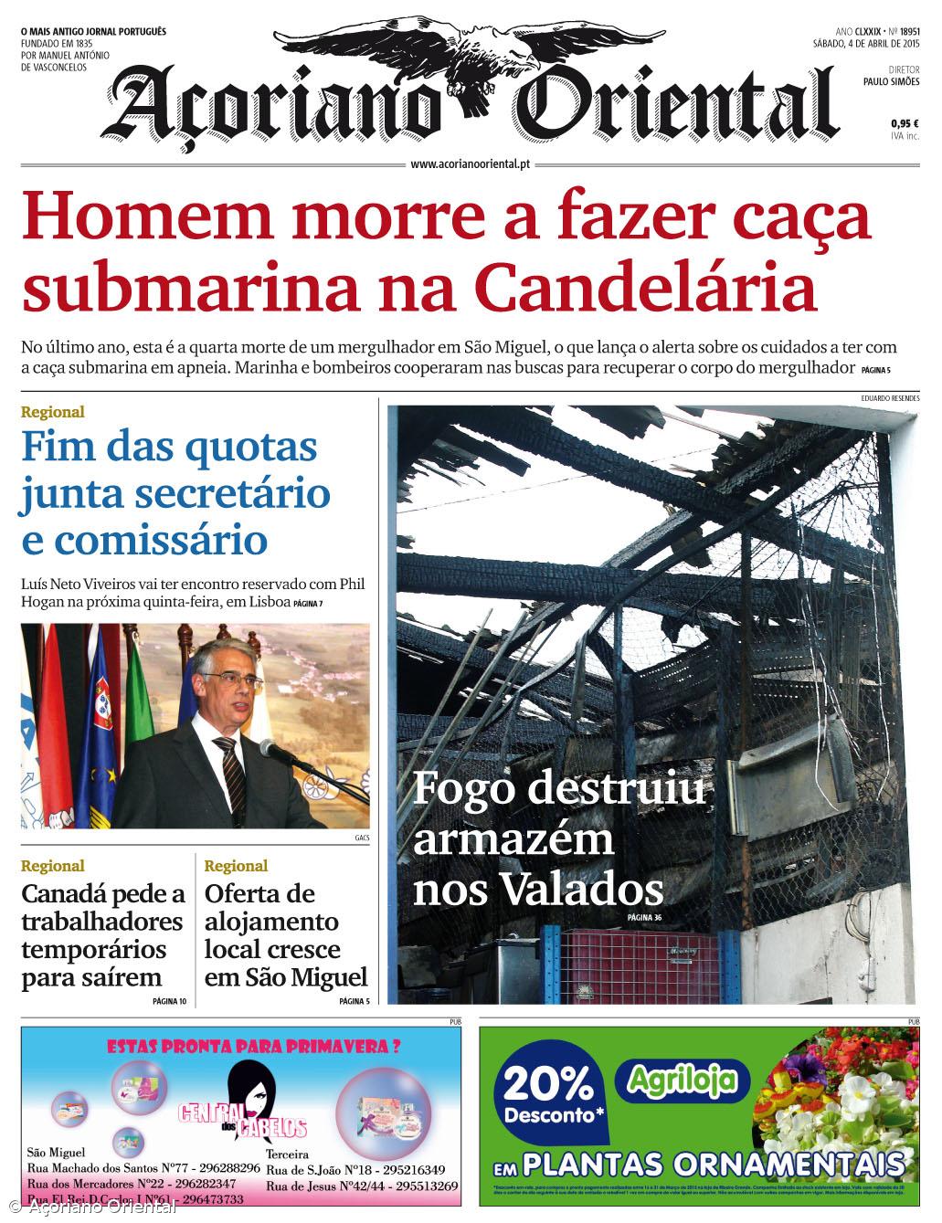 "Homem morre a fazer caça submarina na Candelária" é a manchete do Açoriano Oriental – Imagem 1