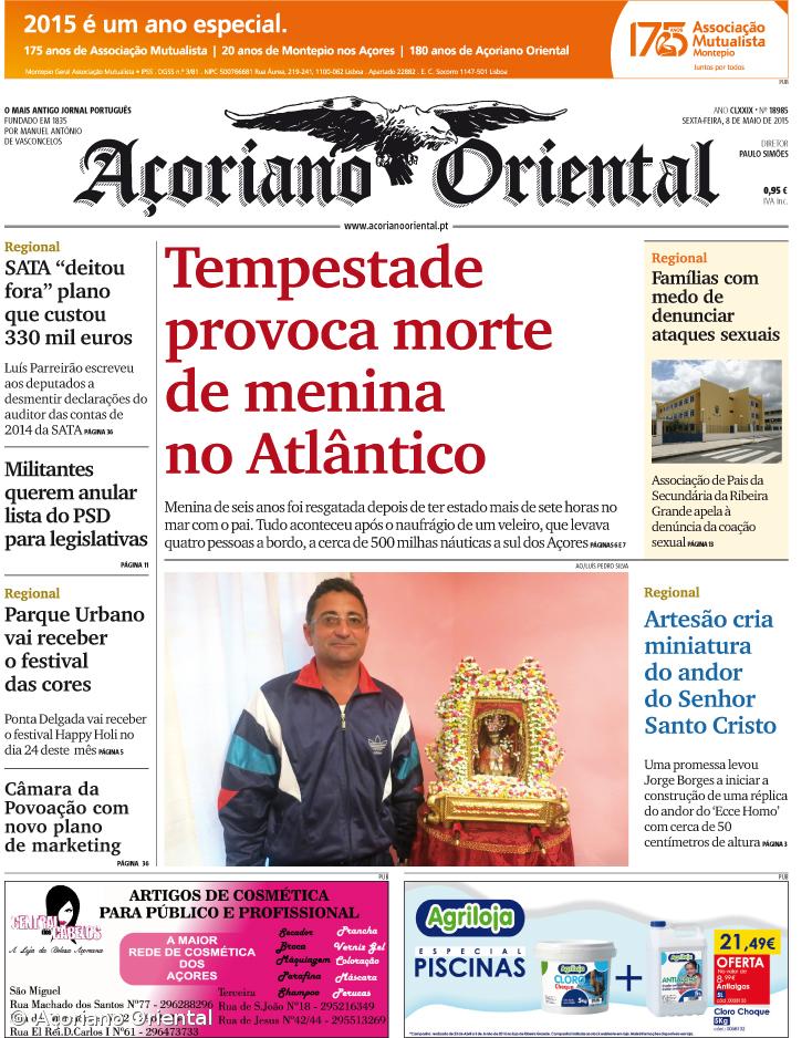 "Tempestade provoca morte de menina no Atlântico" é a manchete do Açoriano Oriental – Imagem 1