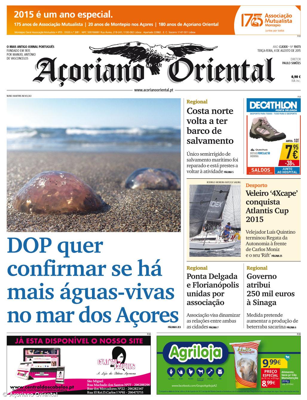 "DOP quer confirmar se há mais águas-vivas no mar dos Açores" é a manchete do Açoriano Oriental – Imagem 1