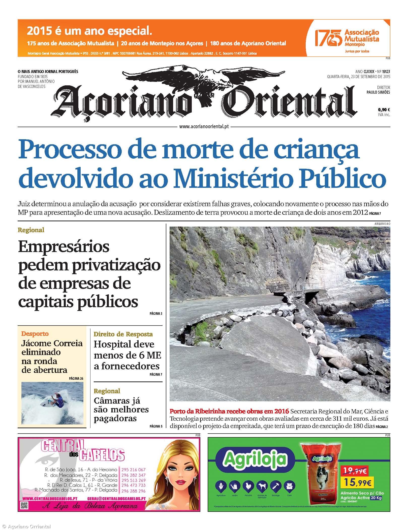 "Processo de morte de criança devolvido ao Ministério Público" é a manchete do Açoriano Oriental – Imagem 1