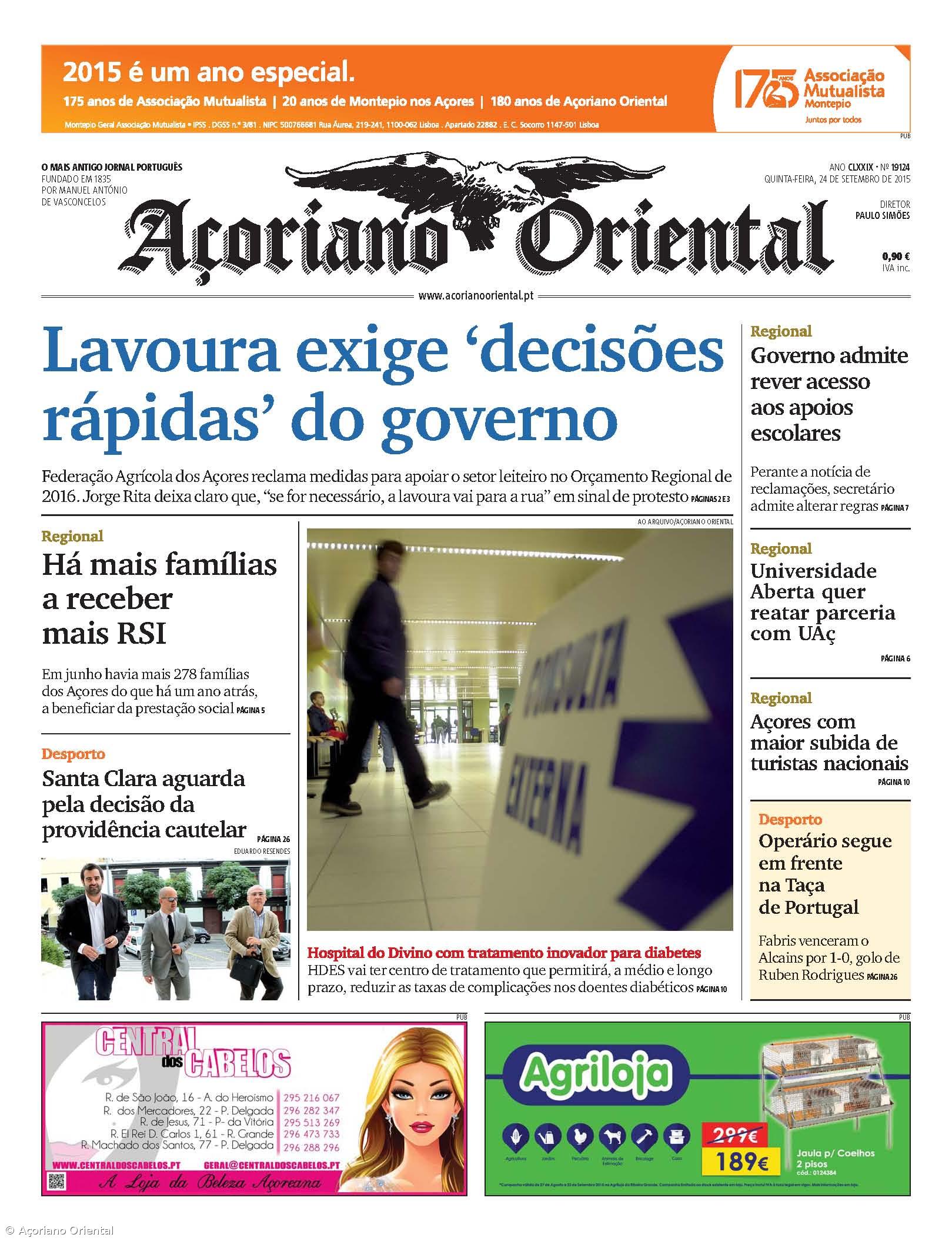 "Lavoura exige 'decisões rápidas' do governo" é a manchete do Açoriano Oriental – Imagem 1