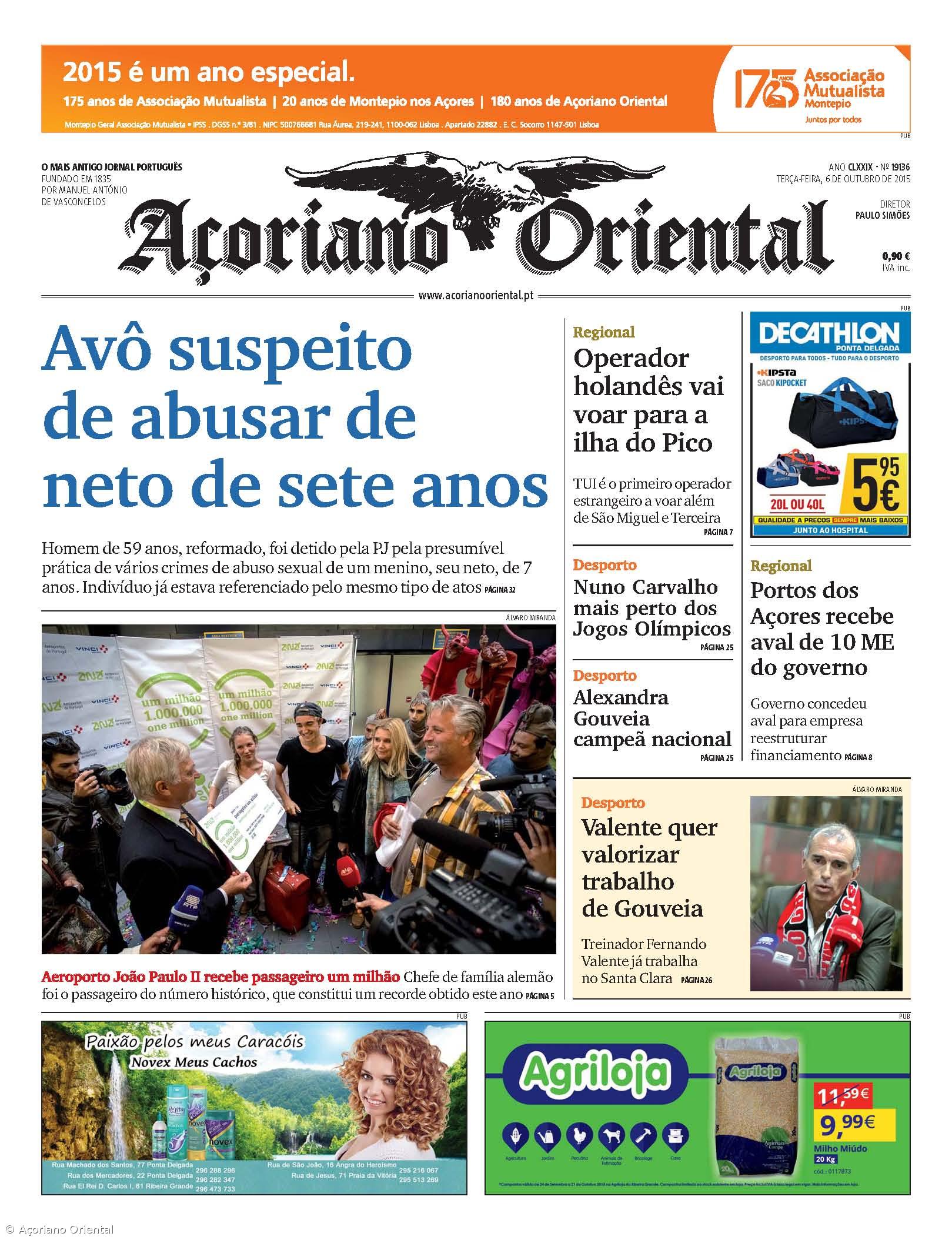 "Avô suspeito de abusar de neto de sete anos" é a manchete do Açoriano Oriental – Imagem 1