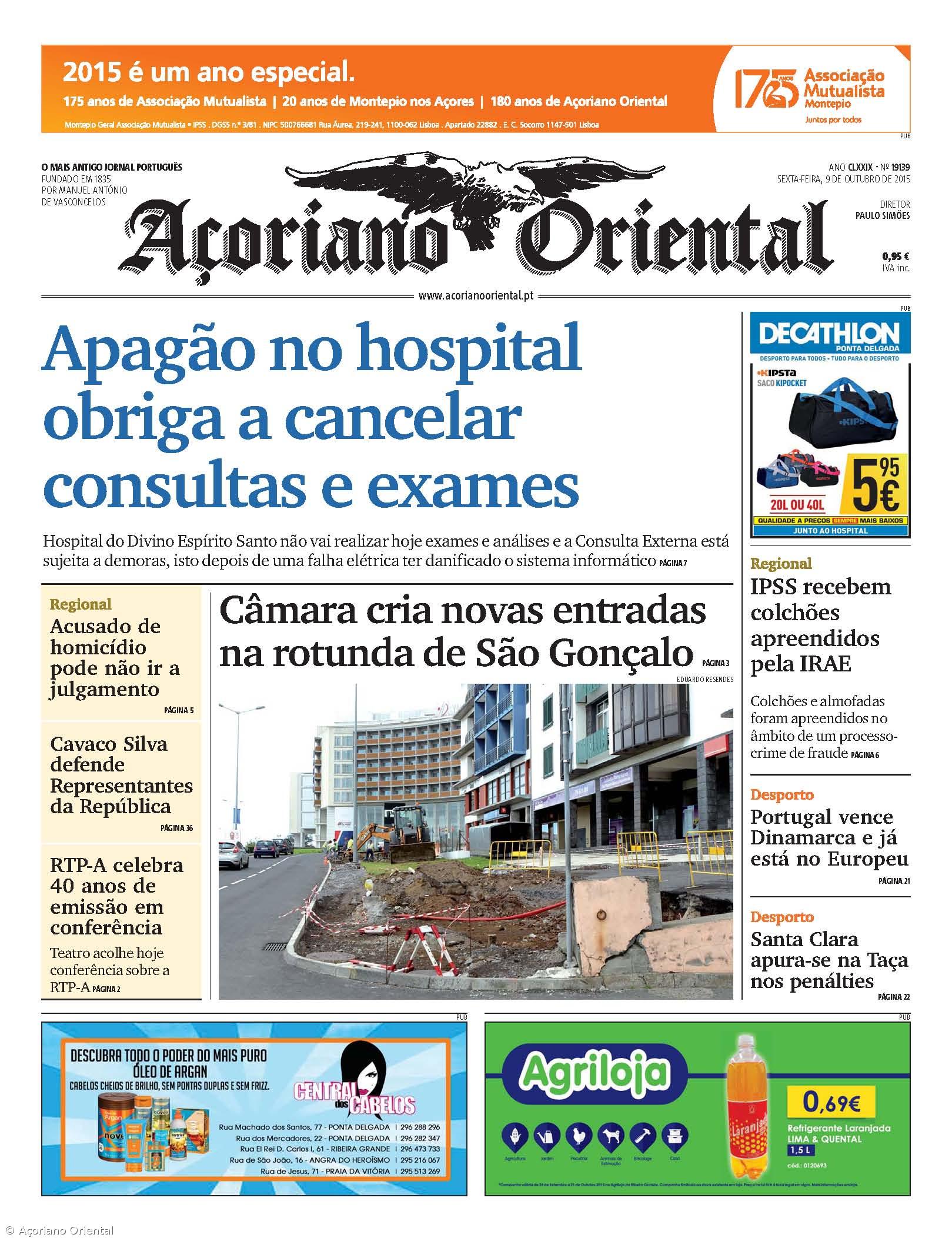 "Apagão no hospital obriga a cancelar consultas e exames" é a manchete do Açoriano Oriental – Imagem 1