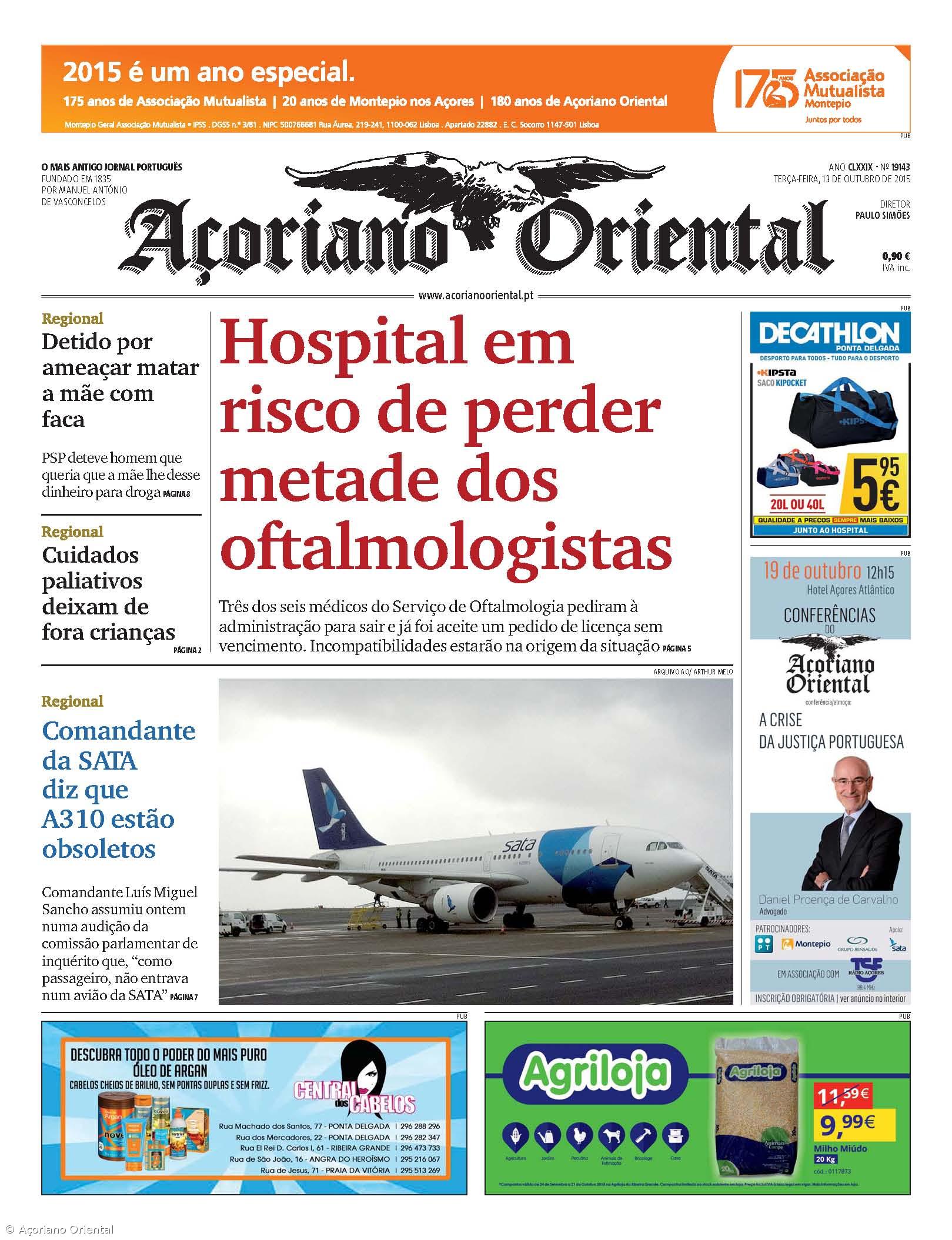 "Hospital em risco de perder metade dos oftalmologistas" é a manchete do Açoriano Oriental – Imagem 1