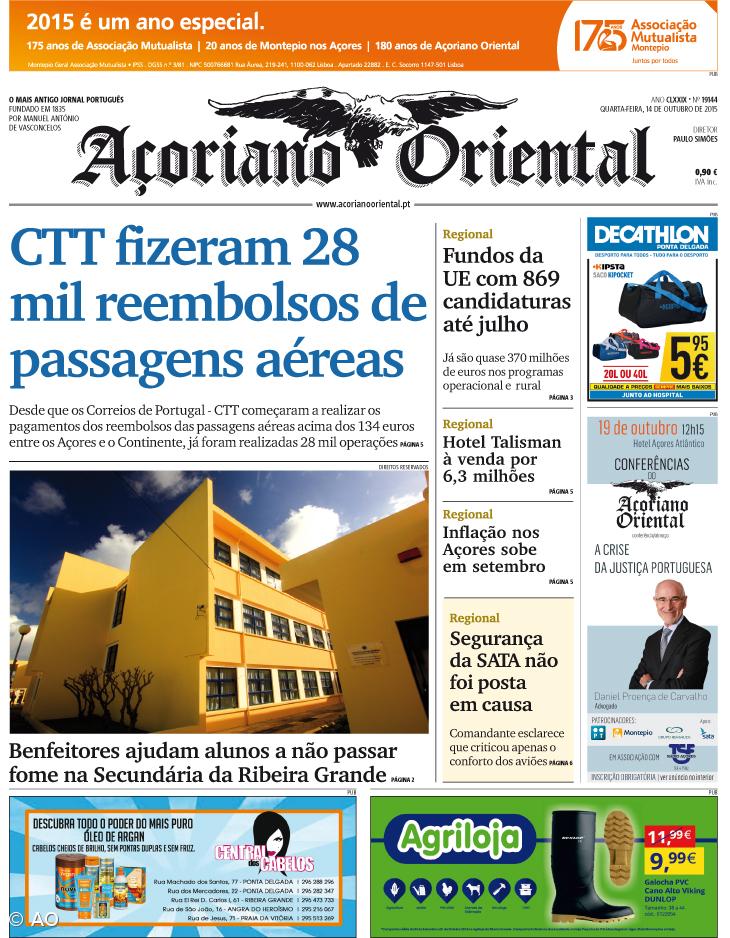 "CTT fizeram 28 mil reembolsos de passagens aéreas" é a manchete do Açoriano Oriental  – Imagem 1