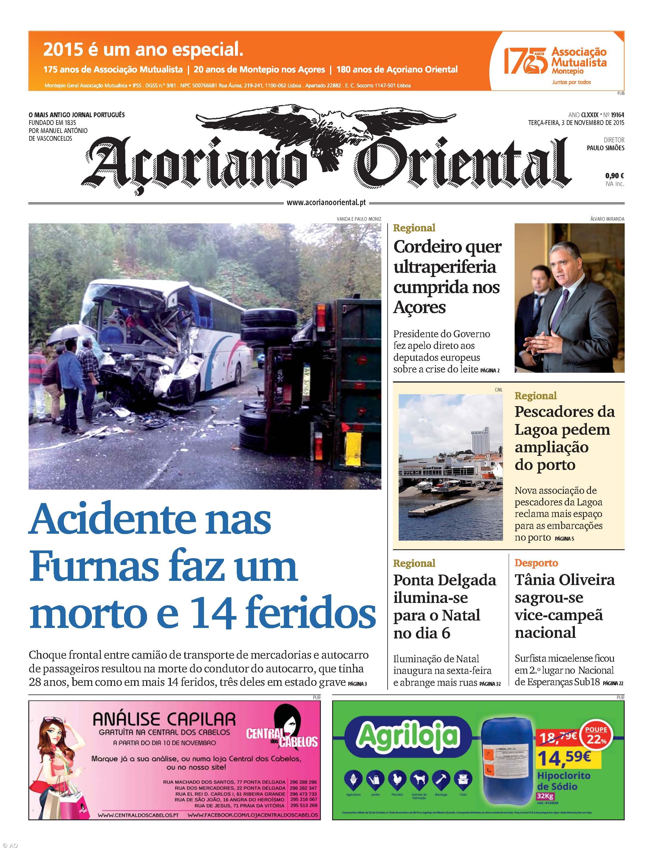"Acidente nas Furnas faz um morto e 14 feridos" é a manchete do Açoriano Oriental – Imagem 1