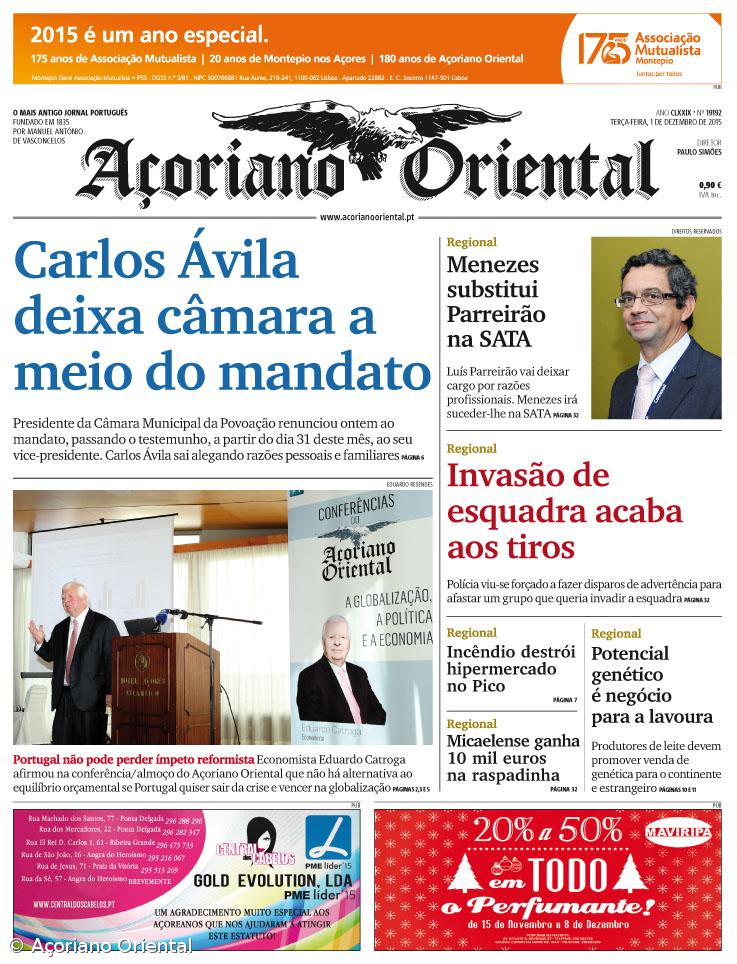 "Carlos Ávila deixa câmara a meio do mandato" é a manchete do Açoriano Oriental – Imagem 1