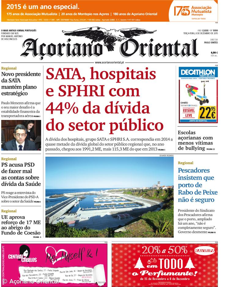 "SATA, hospitais e SPHRI com 44% da dívida do setor público" é a manchete do Açoriano Oriental – Imagem 1