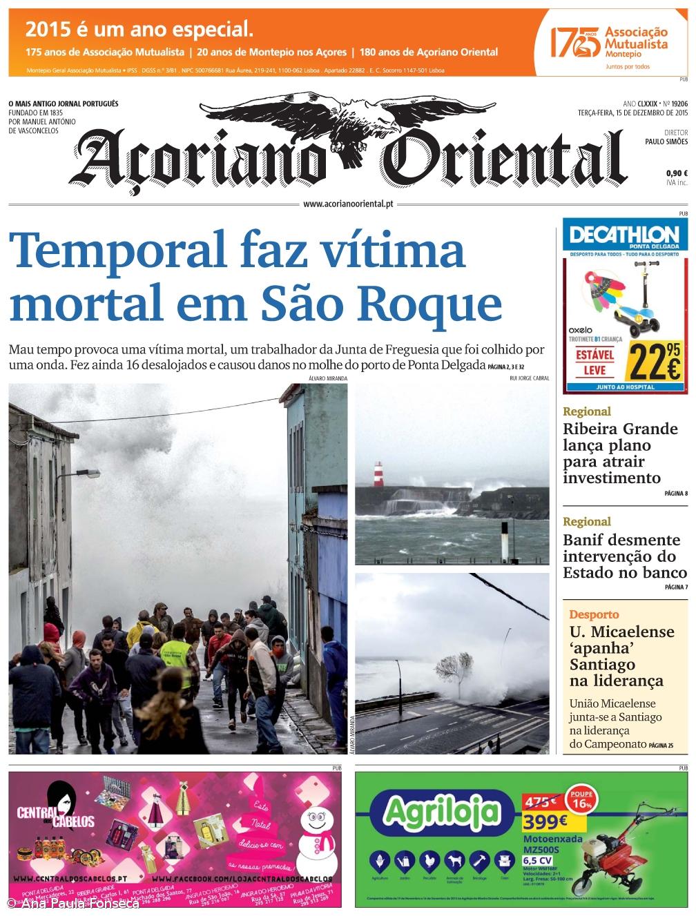 Temporal faz vítima mortal em São Roque é a manchete do Açoriano Oriental – Imagem 1