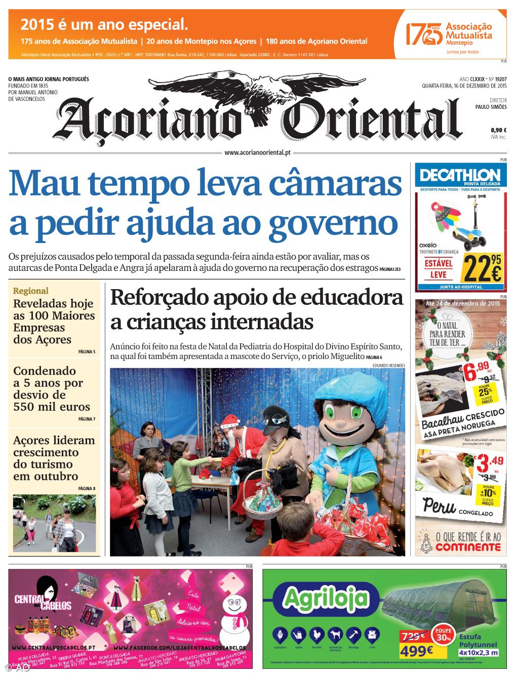 "Mau tempo leva câmaras a pedir ajuda ao governo" é a manchete do Açoriano Oriental – Imagem 1