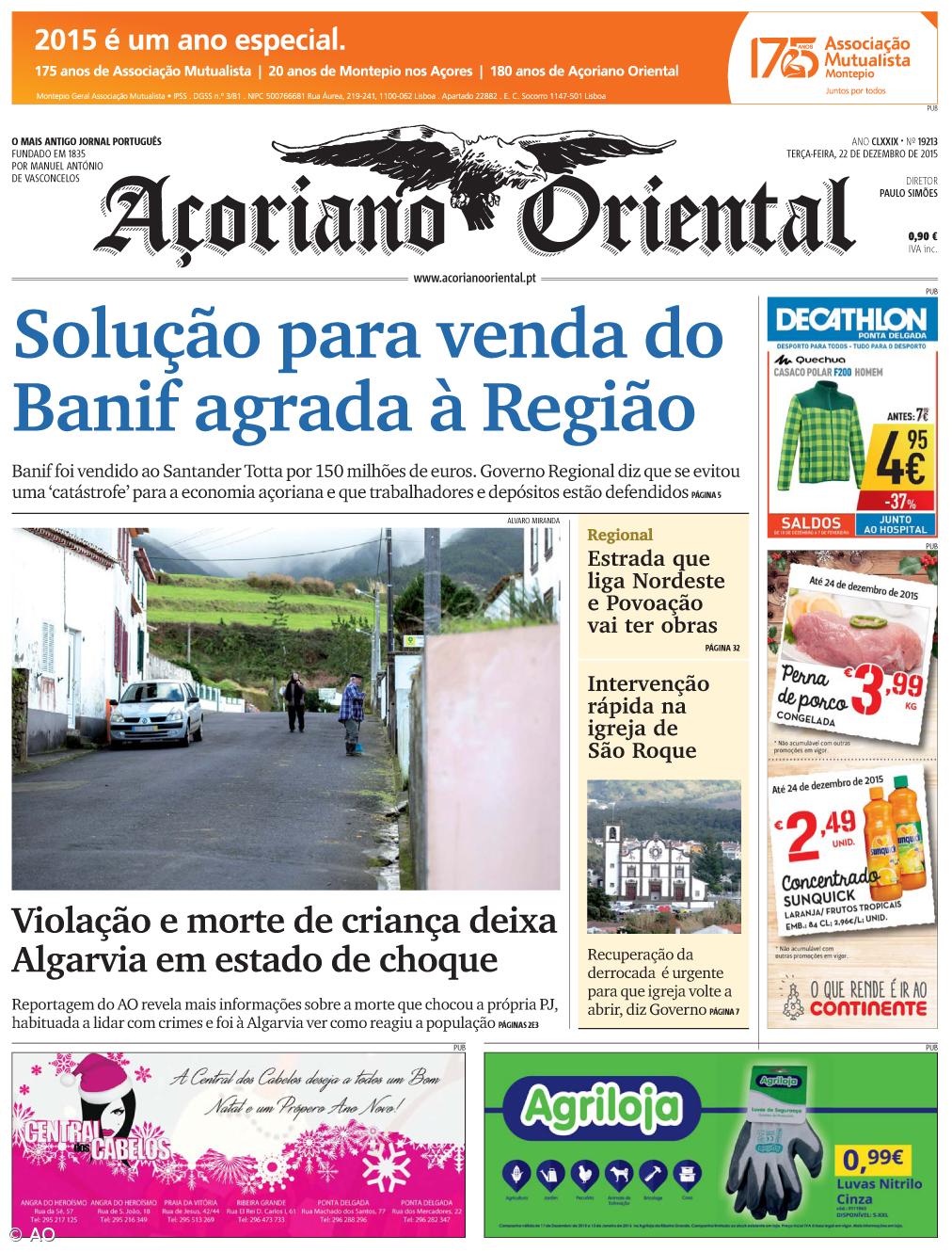 "Solução para venda do Banif agrada à Região" é a manchete do Açoriano Oriental – Imagem 1