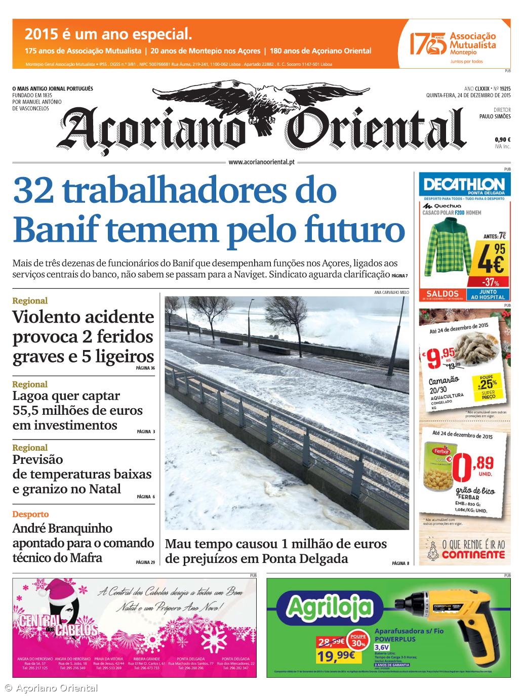 "32 trabalhadores do Banif temem pelo futuro" é a manchete do Açoriano Oriental – Imagem 1