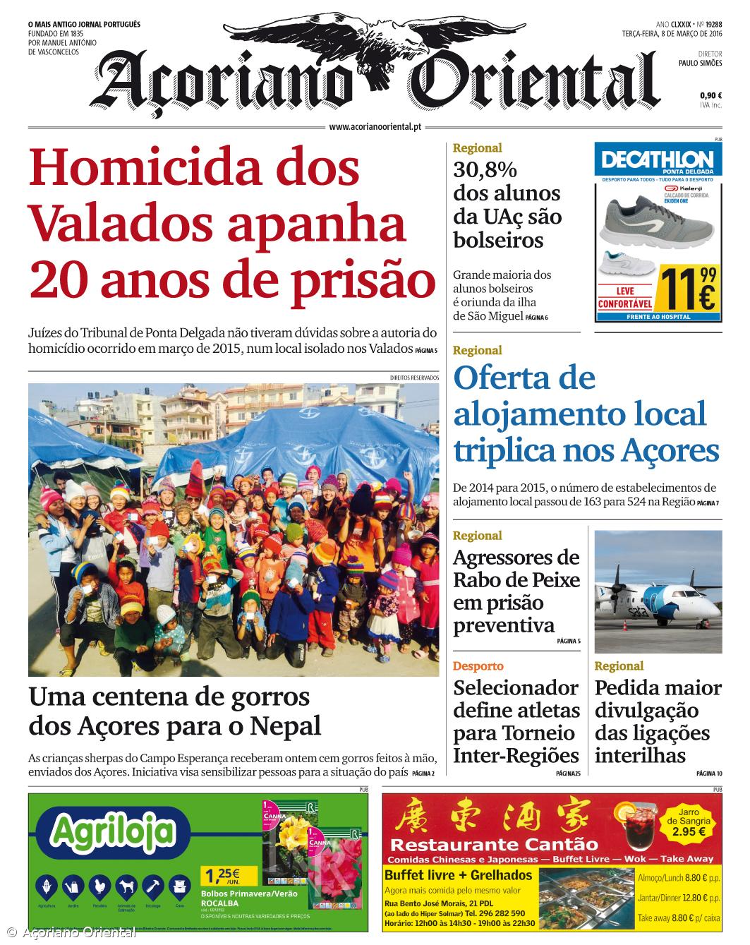 "Homicida dos Valados apanha 20 anos de prisão" é a manchete do Açoriano Oriental – Imagem 1