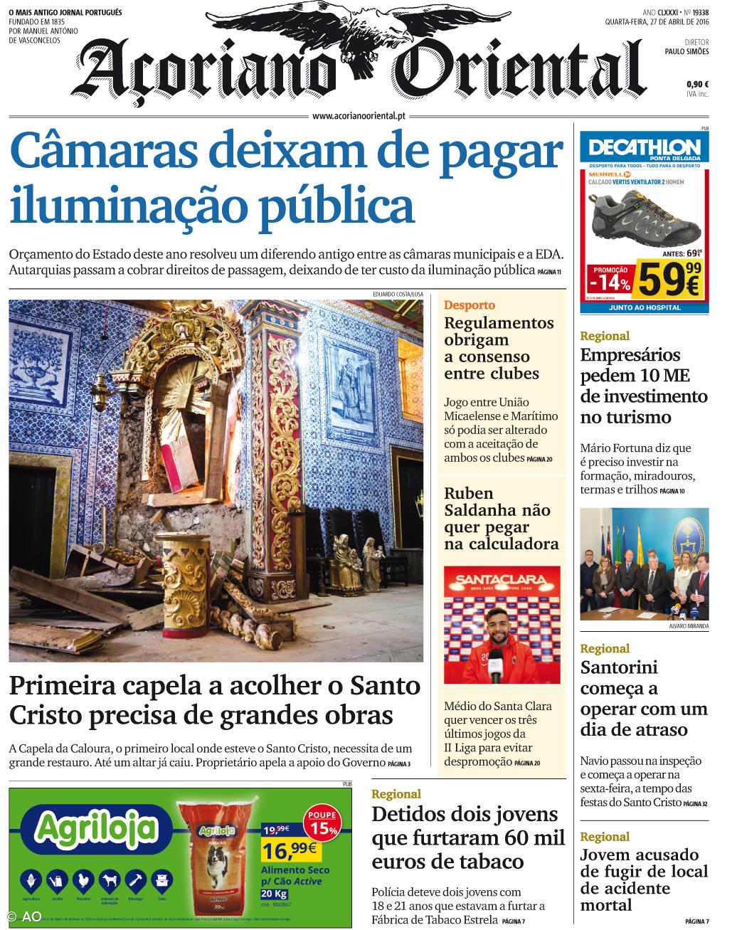 "Câmaras deixam de pagar iluminação pública" é a manchete do Açoriano Oriental – Imagem 1