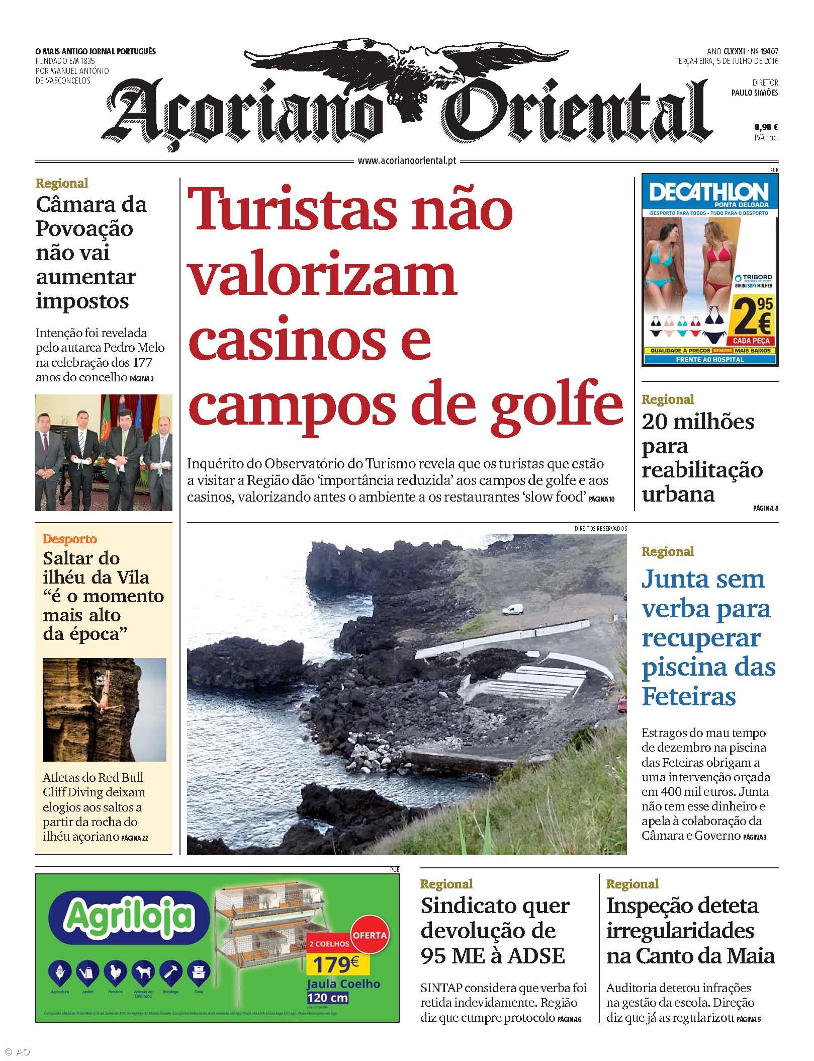 "Turistas não valorizam casinos e campos de golfe" é a manchete do Açoriano Oriental – Imagem 1