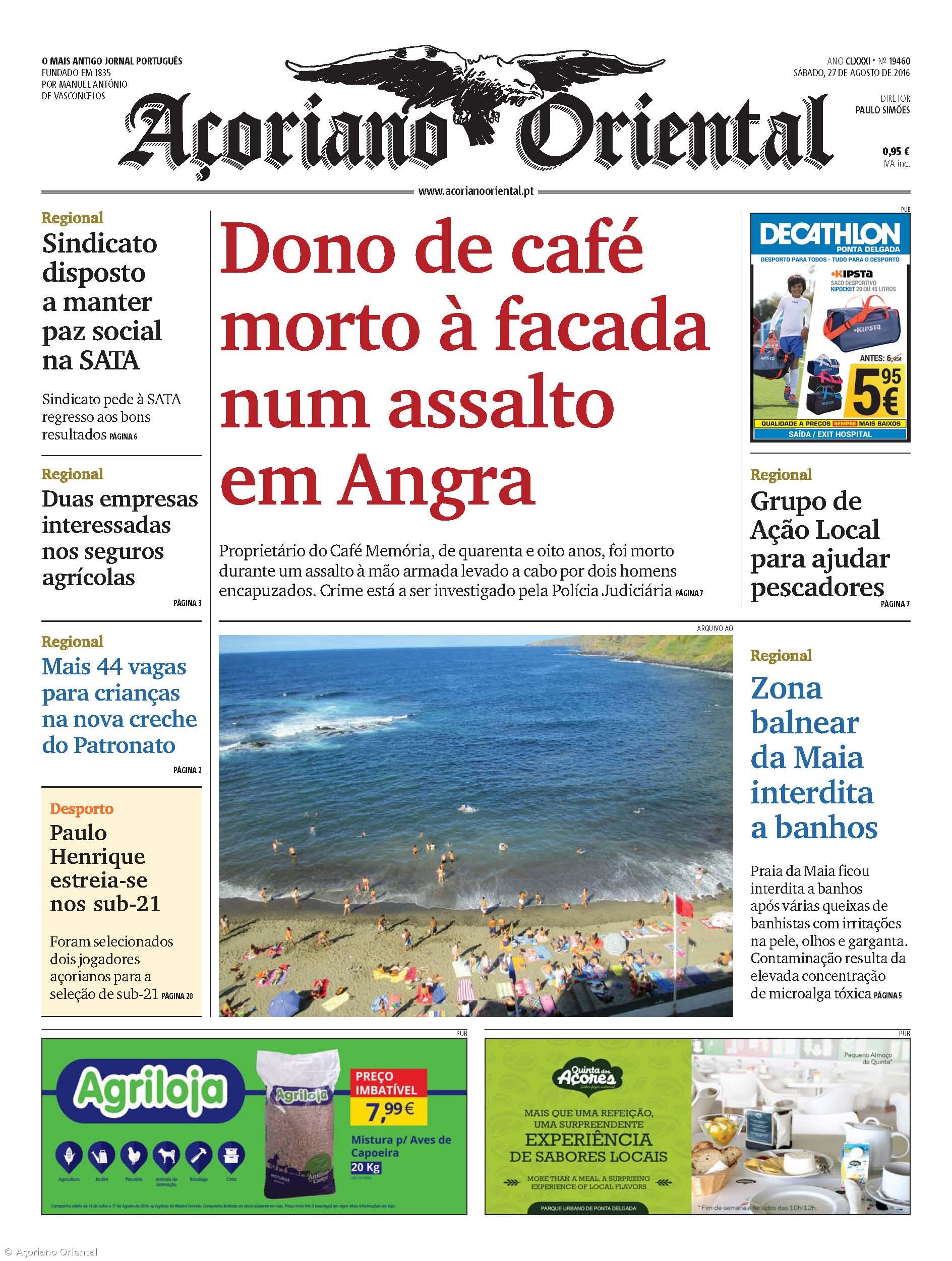 "Dono de café morto à facada num assalto em Angra" é a manchete do Açoriano Oriental – Imagem 1