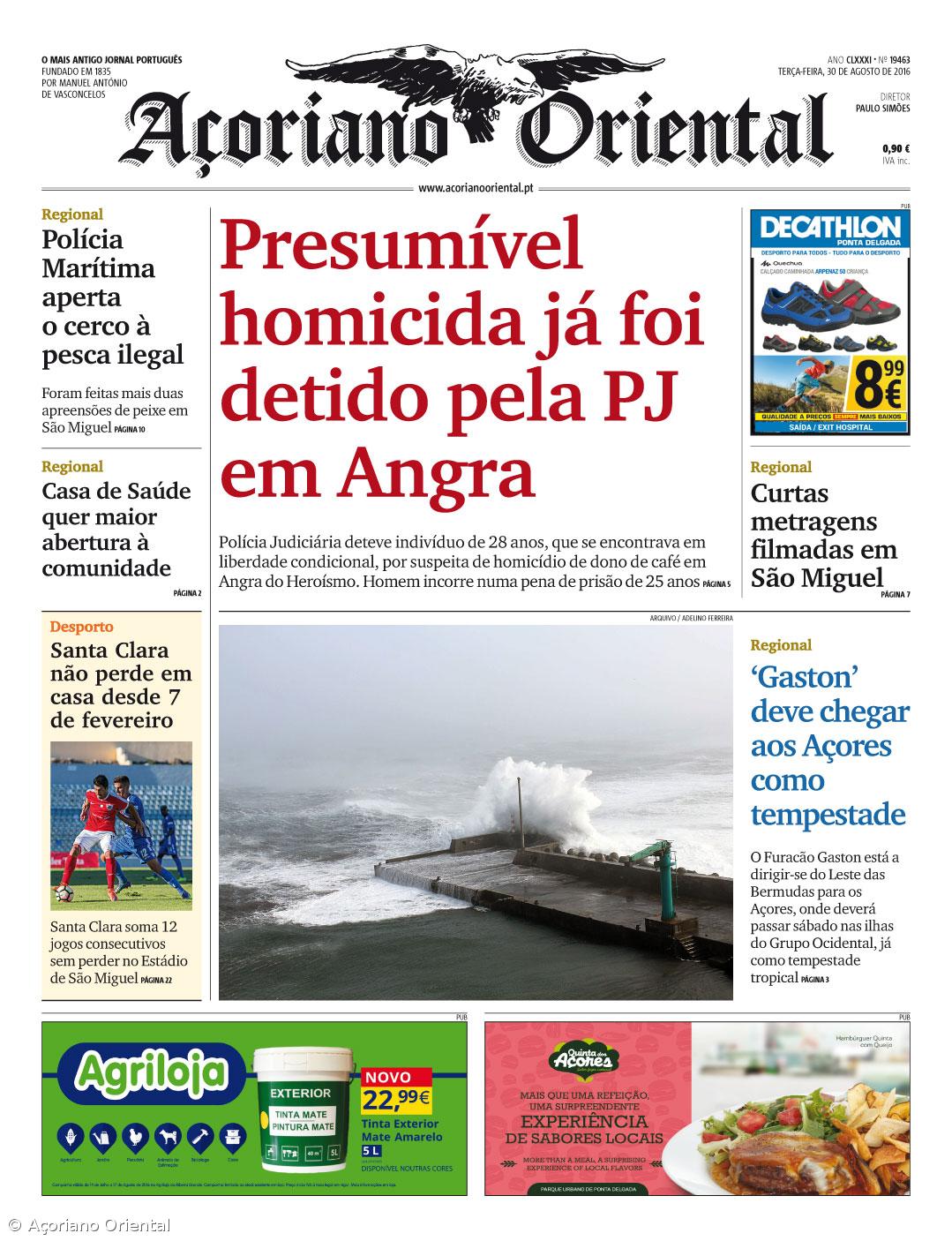 "Presumível homicida já foi detido pela PJ em Angra" é a manchete do Açoriano Oriental – Imagem 1