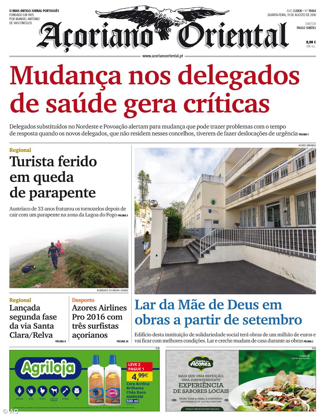 "Mudança nos delegados de saúde gera críticas" é a manchete do Açoriano Oriental – Imagem 1