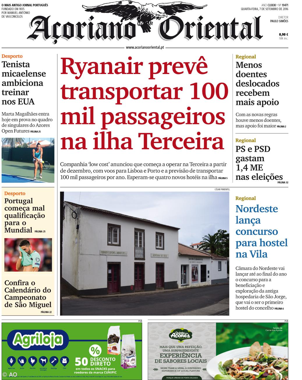 "Ryanair prevê transportar 100 mil passageiros na Terceira" é a manchete do Açoriano Oriental – Imagem 1