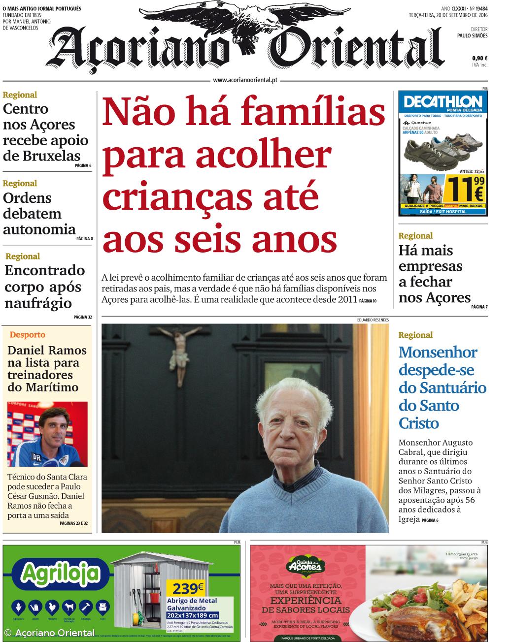 "Não há famílias para acolher crianças até aos seis anos" é a manchete do Açoriano Oriental – Imagem 1